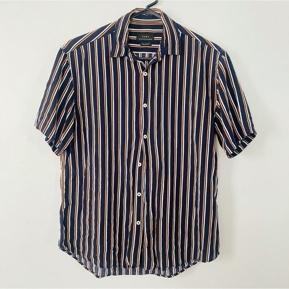 vertical stripe collared lightweight button short sleeve shirt top - Picture 1 of 4